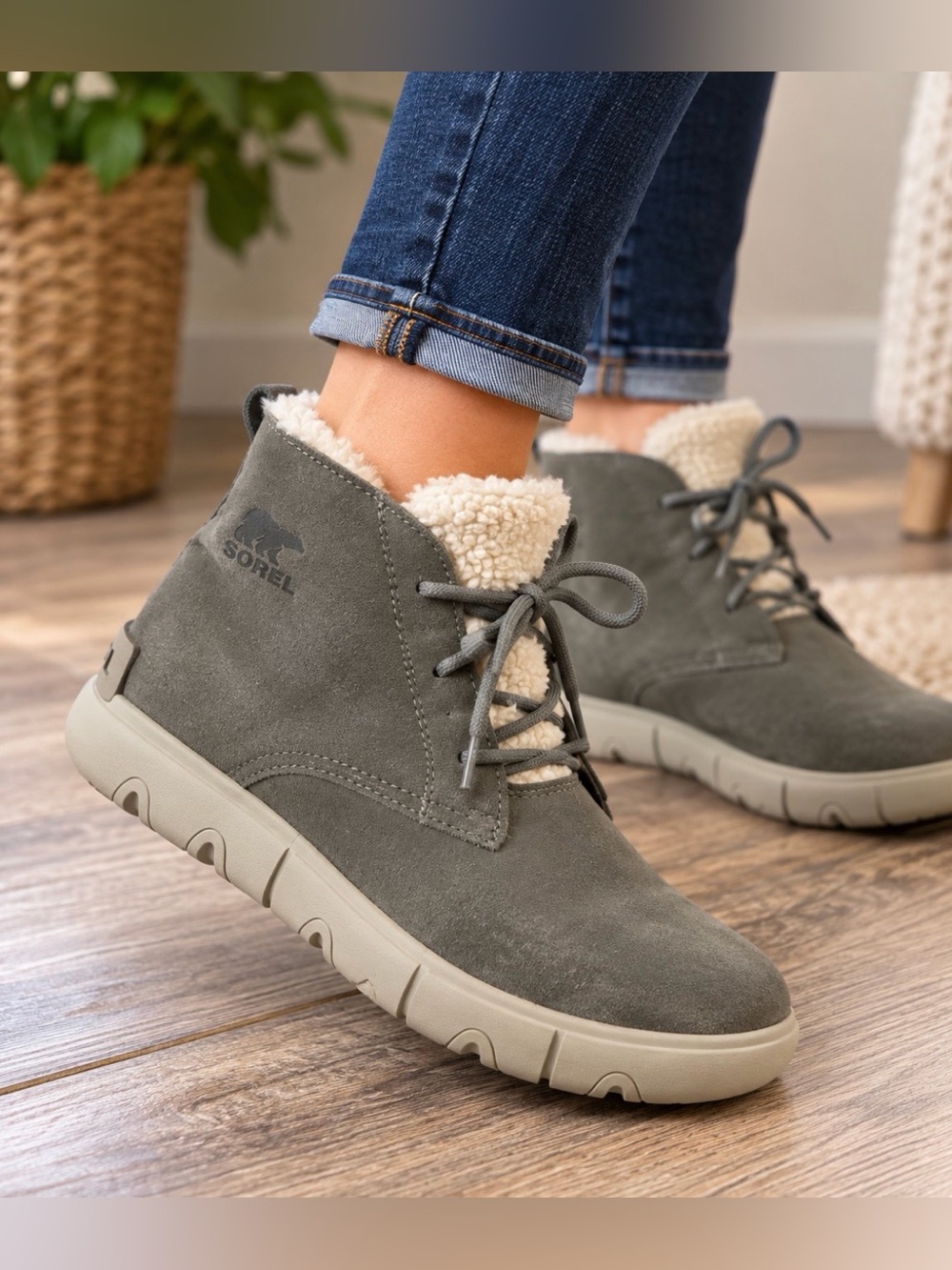 SOREL Gray Suede Faux Fur Lined Lace-Up Ankle Boots 7.5